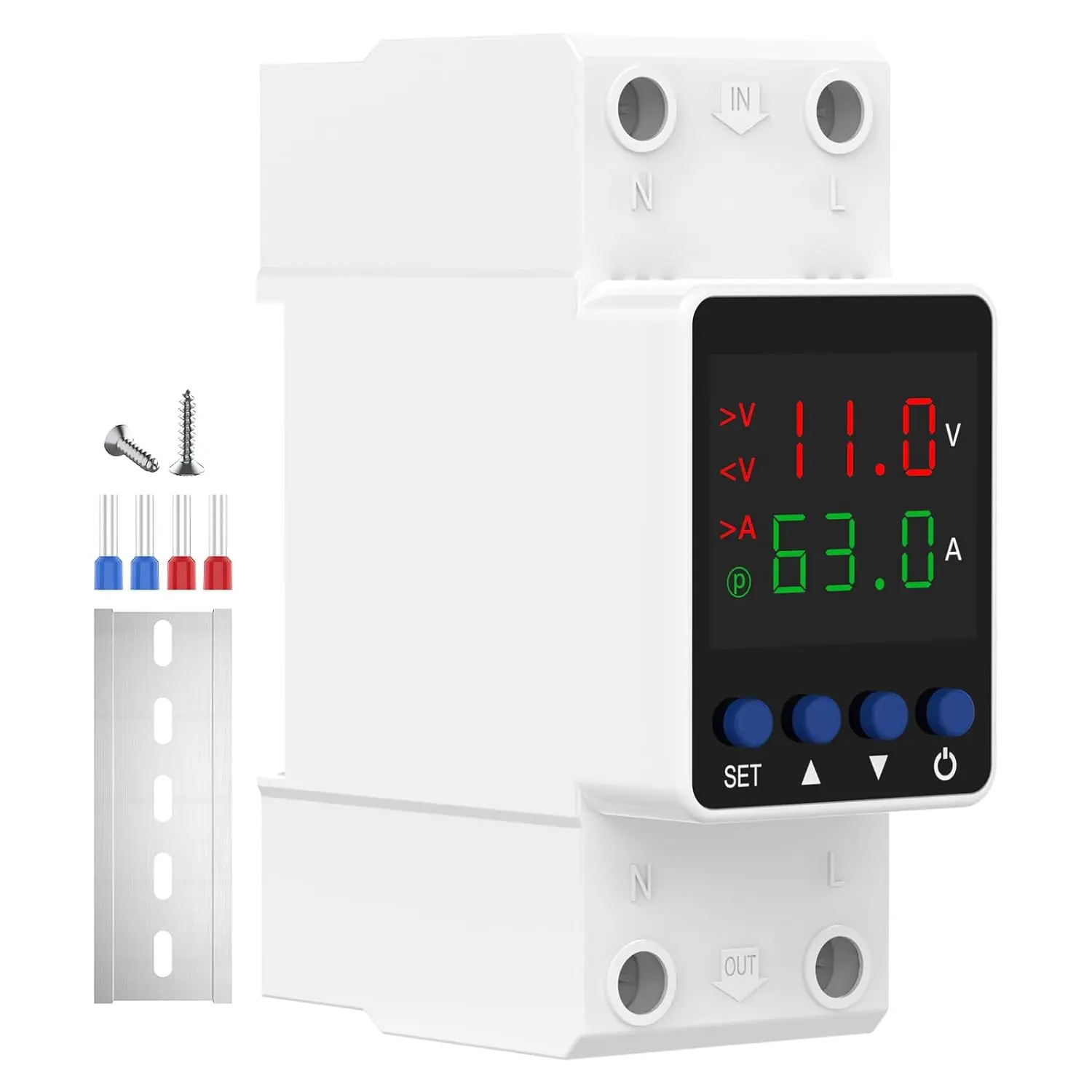 Adjustable Voltage Protector 110V 220V, Over/Under Voltage Cutoff and Overcurrent Protection Relay, Auto Reset 1-63A Smart Circuit Breaker, DIN Rail Mount for Home & Industrial Electrical Circuits