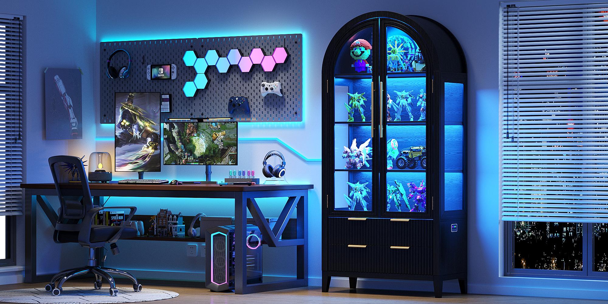 FREDEES 71" Tall Arched Storage Cabinet with Glass Doors and Drawers, Curio Display Cabinet with Adjustable RGB Light & Human Sensor, 4-Tier China Cabinet for Living Room