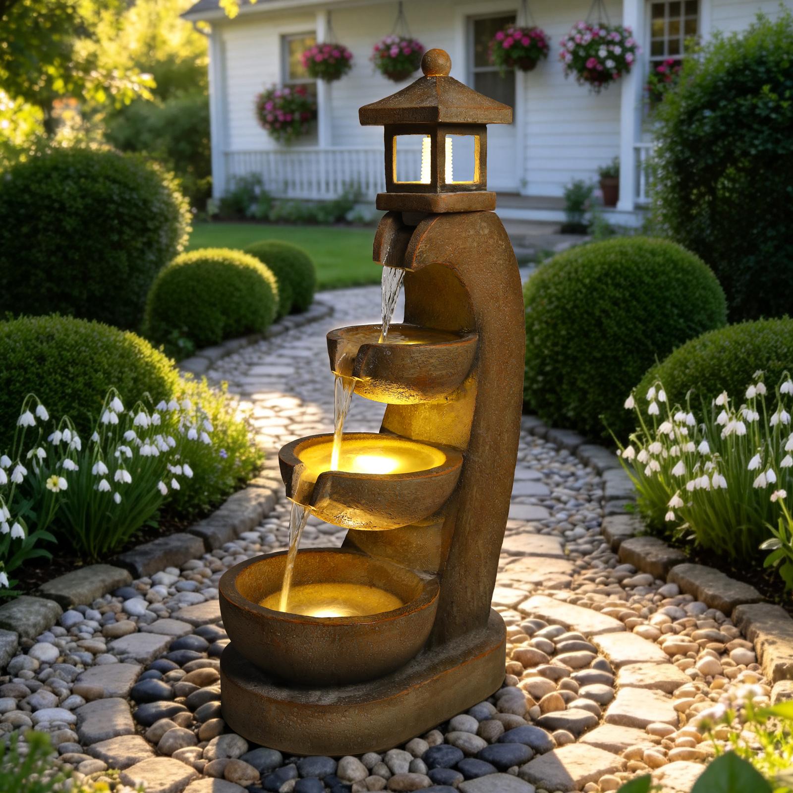 Eyisean 35.4" H Resin Outdoor Water Fountain, All-Weather Freestanding Pagoda Water Feature with LED, 3 Tier Bowl Cascading Lantern Style Garden Fountain for Porch, Home Decor Ideal Gift
