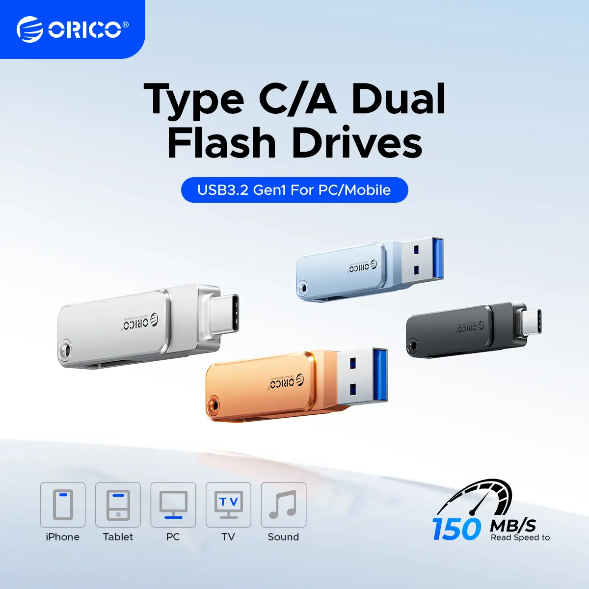 ORICO USB 3.2 Flash Drive, USB-A + Type-C Dual Port U Disk, 150MB/s High-Speed Data Transfer, for iPhone, Android, PC, Mac, Laptop & Tablet, Excellent Heat Dissipation, Scratch-Resistant, Wide Compatibility,Support OTG Function 2 In 1 PenDrive(EB05)
