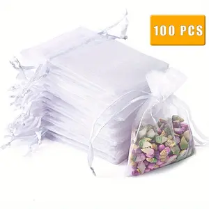 100pcs White Organza Drawstring Pouches - Perfect for Weddings, Parties, and Christmas Favors (7 x 9cm)