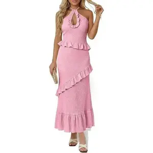 Imily Bela Womens Sexy Halter Maxi Dress Cutout Sleeveless Ruffle Tassel Backless Party Club Boho Summer Dresses