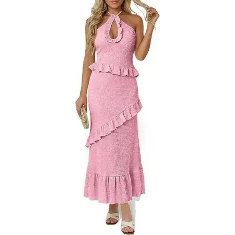 Imily Bela Womens Sexy Halter Maxi Dress Cutout Sleeveless Ruffle Tassel Backless Party Club Boho Summer Dresses