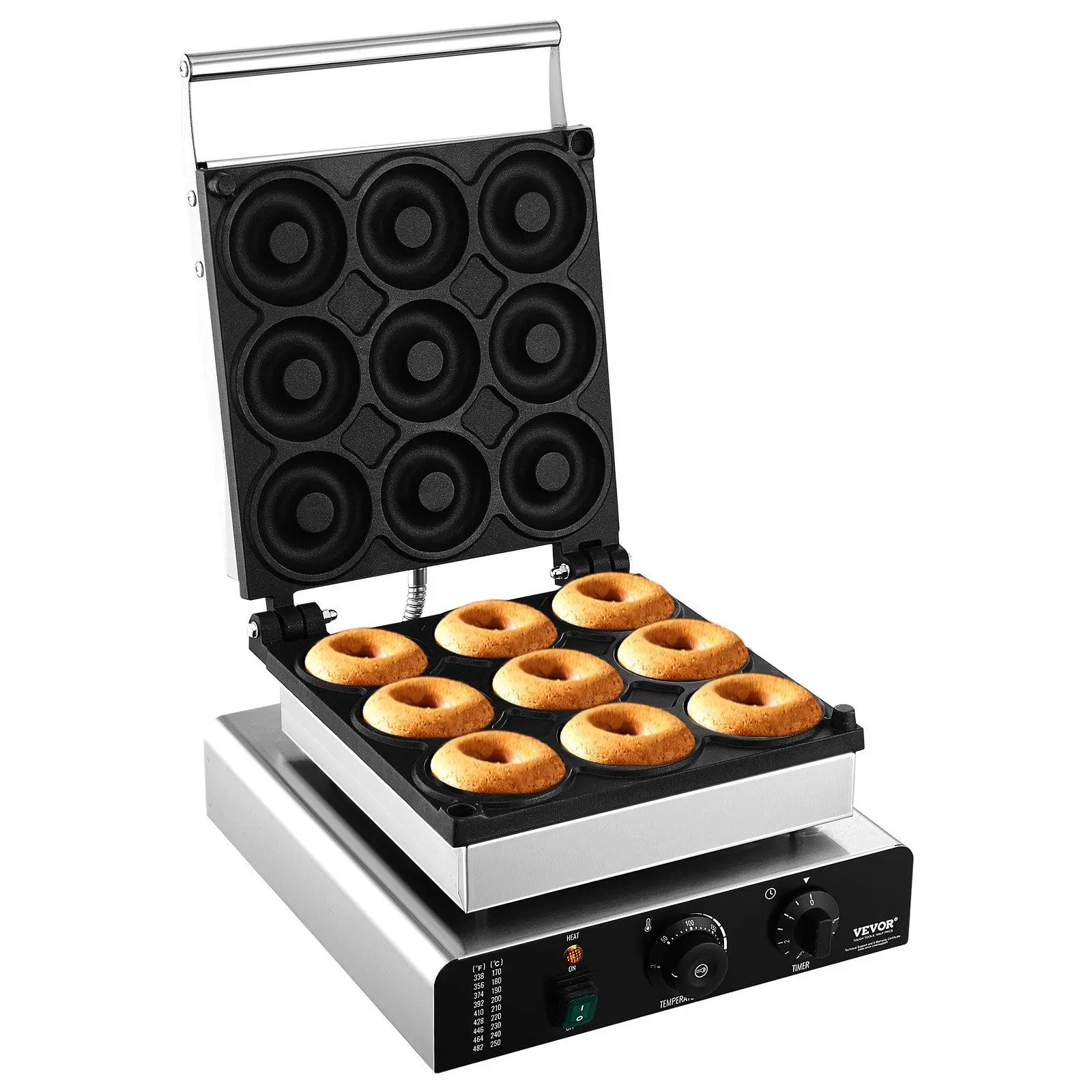 VEVOR Electric Donut Maker, 2000W Commercial Doughnut Machine with Non-stick Surface, 9 Holes Double-Sided Heating Waffle Machine Makes 9 Doughnuts, Temperature 122-572 ° F, for Restaurant and Home Use