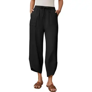 Women's Harem Cotton Linen Pants Wide Leg Barrel Baggy Sweatpants Palazzo Elastic Waist Trousers with Pockets Beach