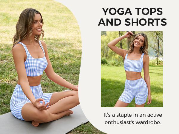 Aoysky Womens Workout Gingham 2 Piece Outfits Padded Open Back Crop Tank High Waist Seamless Sports Shorts Sets Casual Yoga Matching Sets S-XXL