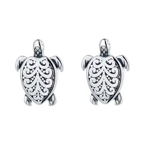 Amy & Annette Sterling Silver Artisan Turtle Earrings, Featuring Unique Shell Pattern Design, Authentic Silver Finish