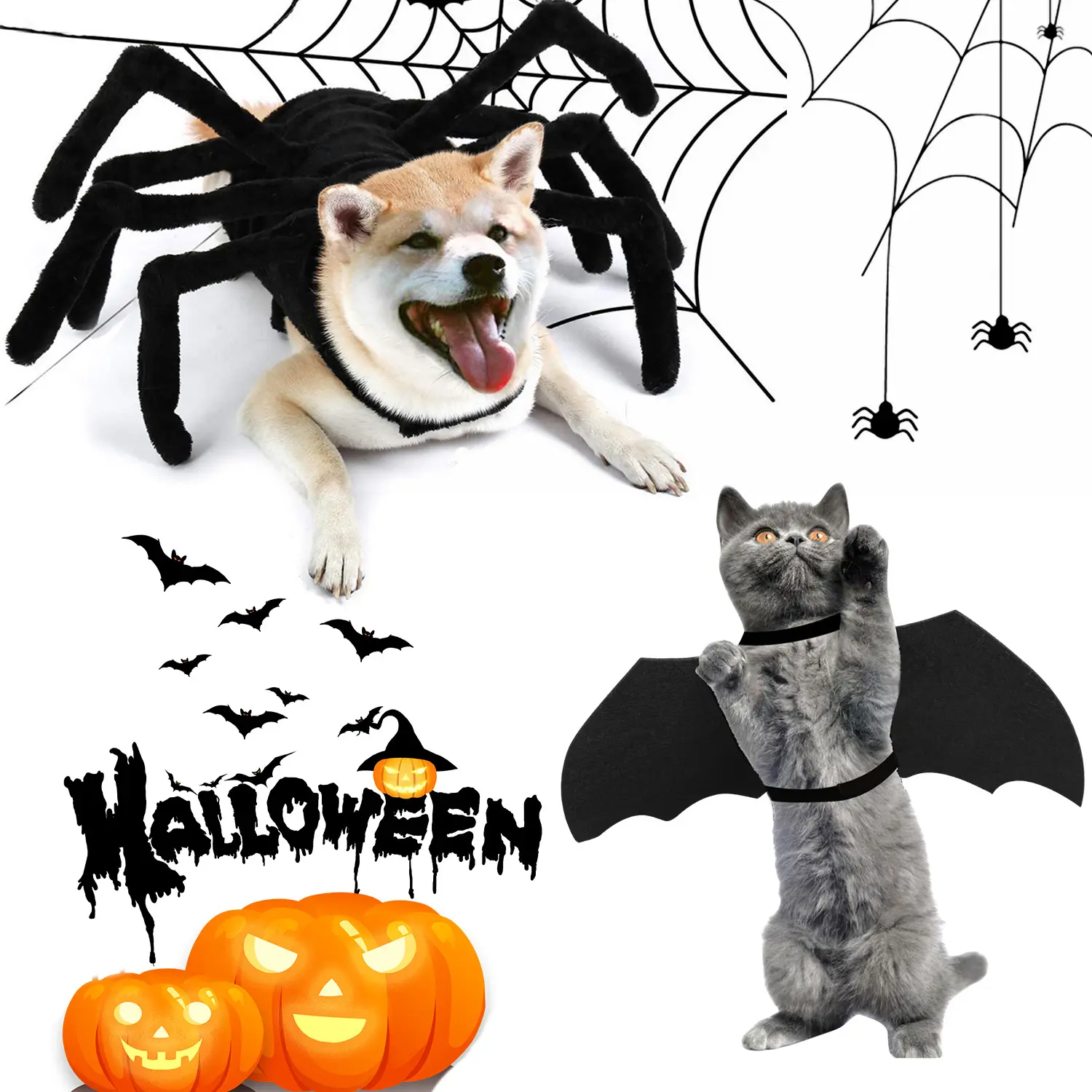 Halloween Pet Cosplay Costumes - Adjustable Spider Web/Bat Wings for Dogs & Cats, Skin-Friendly Breathable Fabrics, Festive Look for Holiday Photoshoots & Party Wear