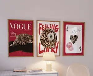 Set of 3 Vintage Prints Leopard Cheetah Print 8 Ball Lucky Red and Black Trendy Wall Art Gallery Preppy Home Decor