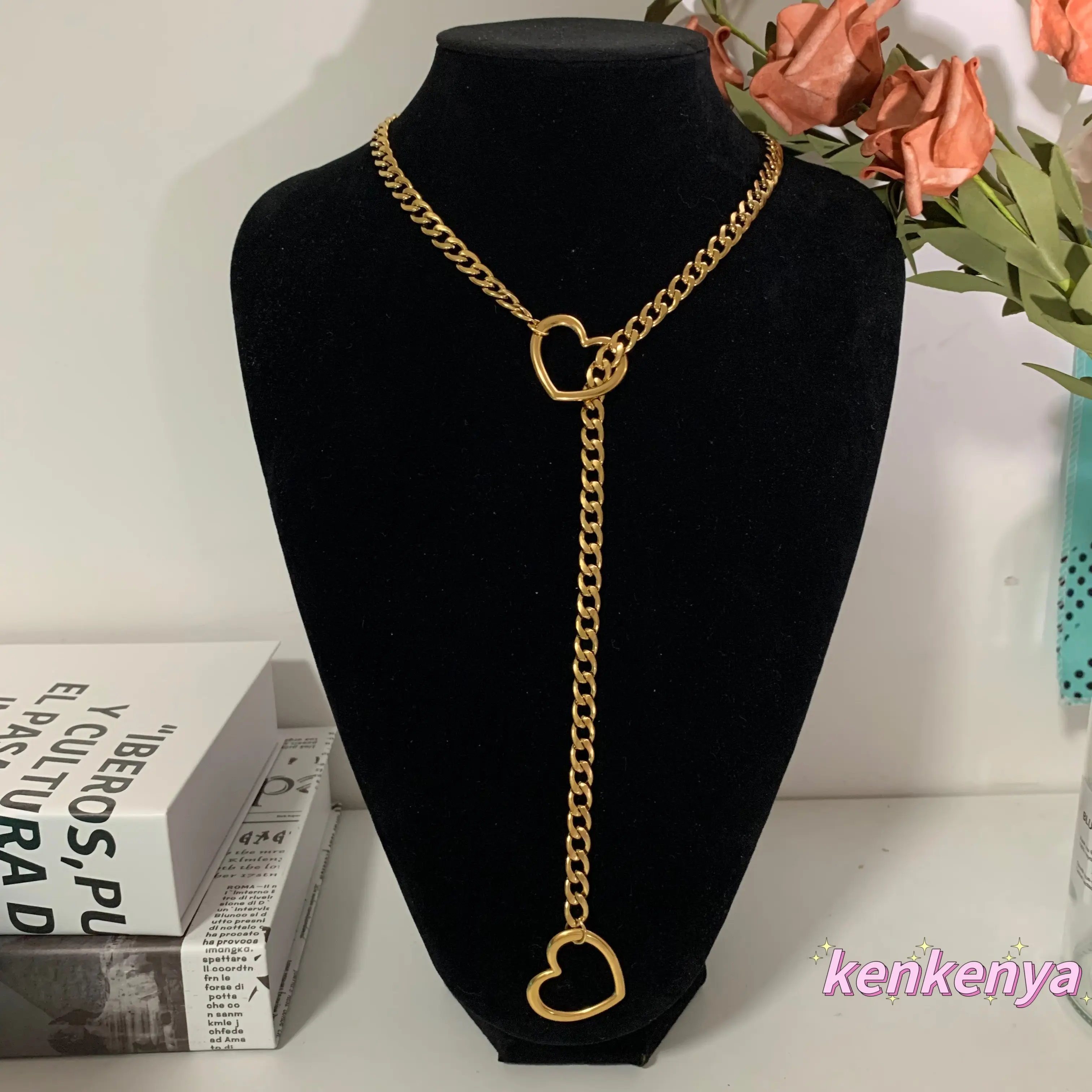 Heart Necklace Heart Slip Chain with Heart O-Ring，Punk Style Necklace, Adjustable Chian Women &Men
