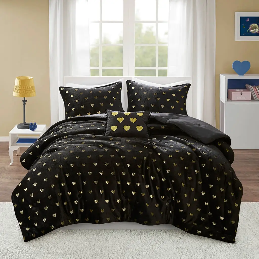 Mi Zone Rosalie Decorative Bed Set - Twin/Twin Extra Large Metallic Printed Plush Comforter (MZ10-0652, 66x90x1 in.) and Throw Pillow, Black & Gold