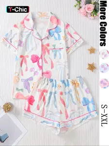 Women's All Over Bow Print Button Front Shirt & Shorts Pyjama Set, Comfort Two-piece Pj Set for Homewear, Women's Sleepwear for All Seasons, Summer Sleepwear, Pajamas, Pajamas Lounge Set