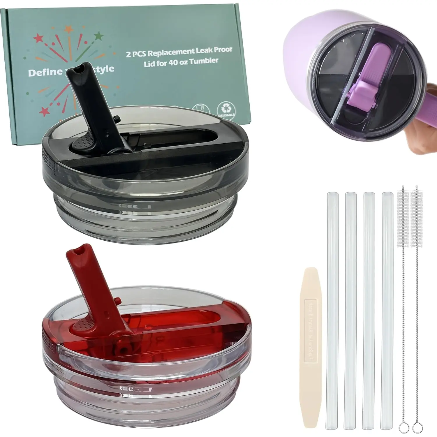 2 count Detachable Flip Straw Lid for  40oz Quencher ProTour, Leak-proof Lid for Stanely 40oz Cup Accessories,Spill Proof and Splash Resistant Tumbler Cover(Black-Red)