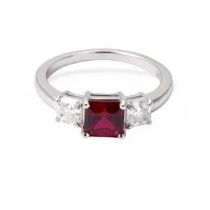 Octagon Red Lab Grown Ruby Prong Silver Three Stone Promise Ring