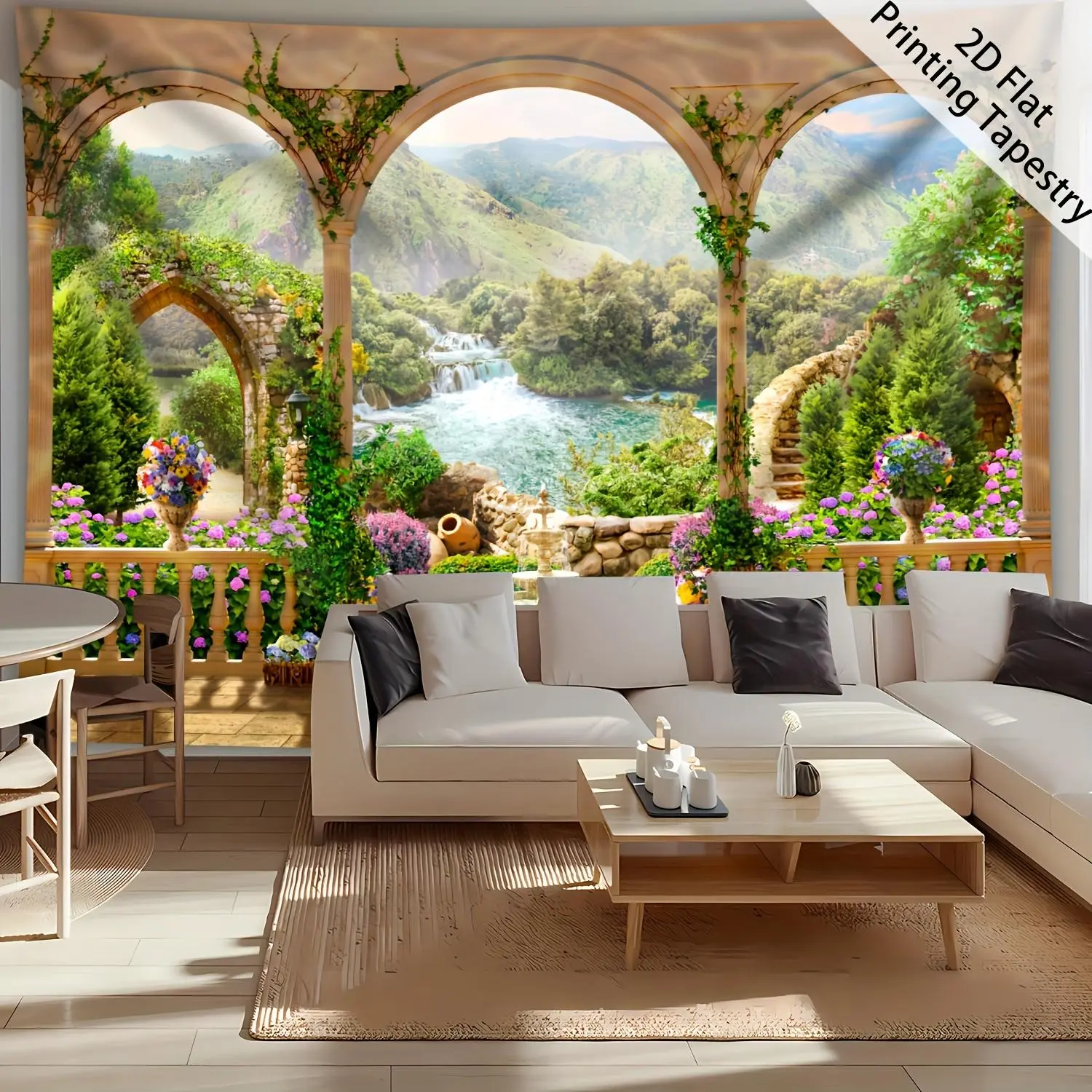 2D Flat, [ 2D Flat Printing] 1pc- Ultra Large Size- Arch Waterfall Forest Nature Landscape - HD Digital Printing Huge Tapestry- Polyester- Home Decoration- with Free Hanging Clips, 2D Flat Wall Gift Room