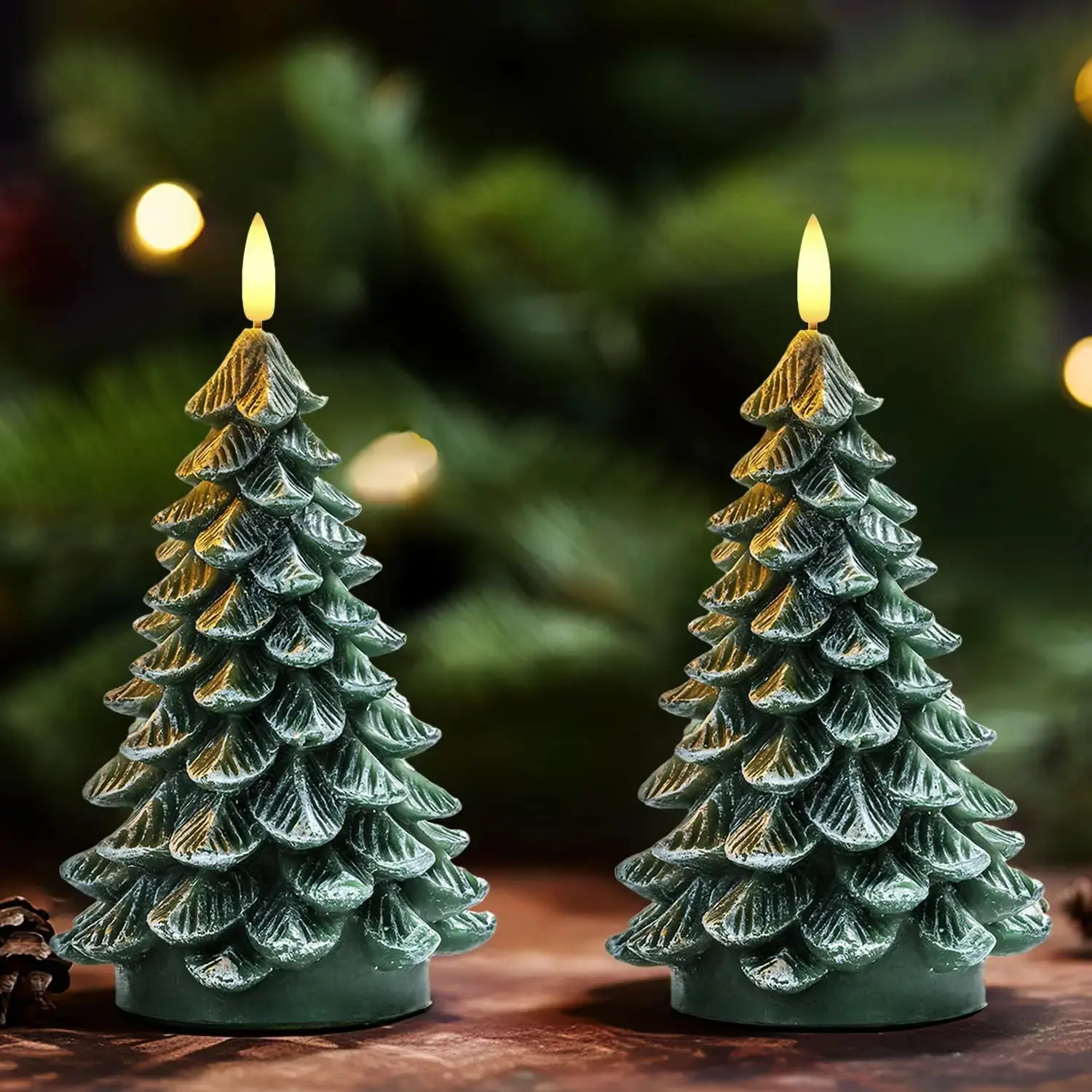 8.5 in Battery-Operated LED Flameless Christmas Tree Candles (2 Pcs) - 6-Hour Timer, Waxy Flickering Green Ornaments with Constant Light, Window & Holiday Decoration, Lightweight, Batteries Required；homeessentials