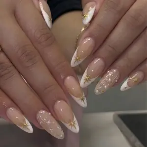 Elegant French Tip Press On Nails with Gold Star & Rhinestone, Medium Almond Nude Fake Nails, Reusable False Nails