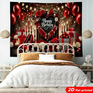 Red Rose High Heel Happy Birthday Tapestry Wall Hanging, 2D Flat Printed Shiny Decorative Flower Backdrop, Gift for Women’s Birthday Party Photo Booth, Room & Home Decor decoration family day