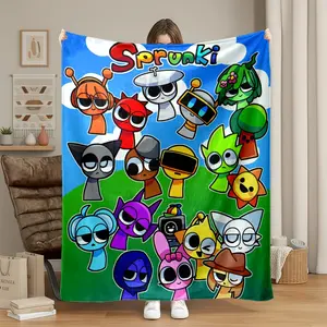 1pc Sprunki Cartoon Characters Printed Flannel Blanket, Super Soft Cozy Plush Throw for Bed, Couch, Sofa, Living Room, Office, Travel, Camping, Perfect Gift for Adults, Cartoon Pattern Blanket