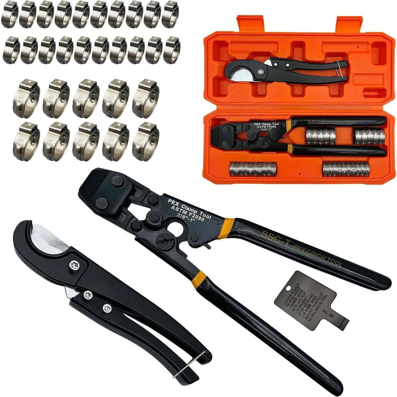 PEX Pipe Clamp Cinch Tool Crimping Tool Crimper for Stainless Steel Clamps from 3/8-inch to 1-inch with 1/2-inch 20 count and 3/4-inch 10 count SS PEX Clamps,with Pipe  in Plastic Box
