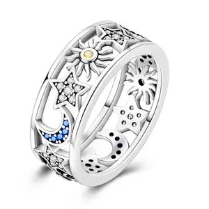 NARMO Celestial Hollow Ring - Sun, Moon and Stars Design, Silver Plated 925 with Zirconia, Perfect for Women's Jewelry Collection, Perfect Gift