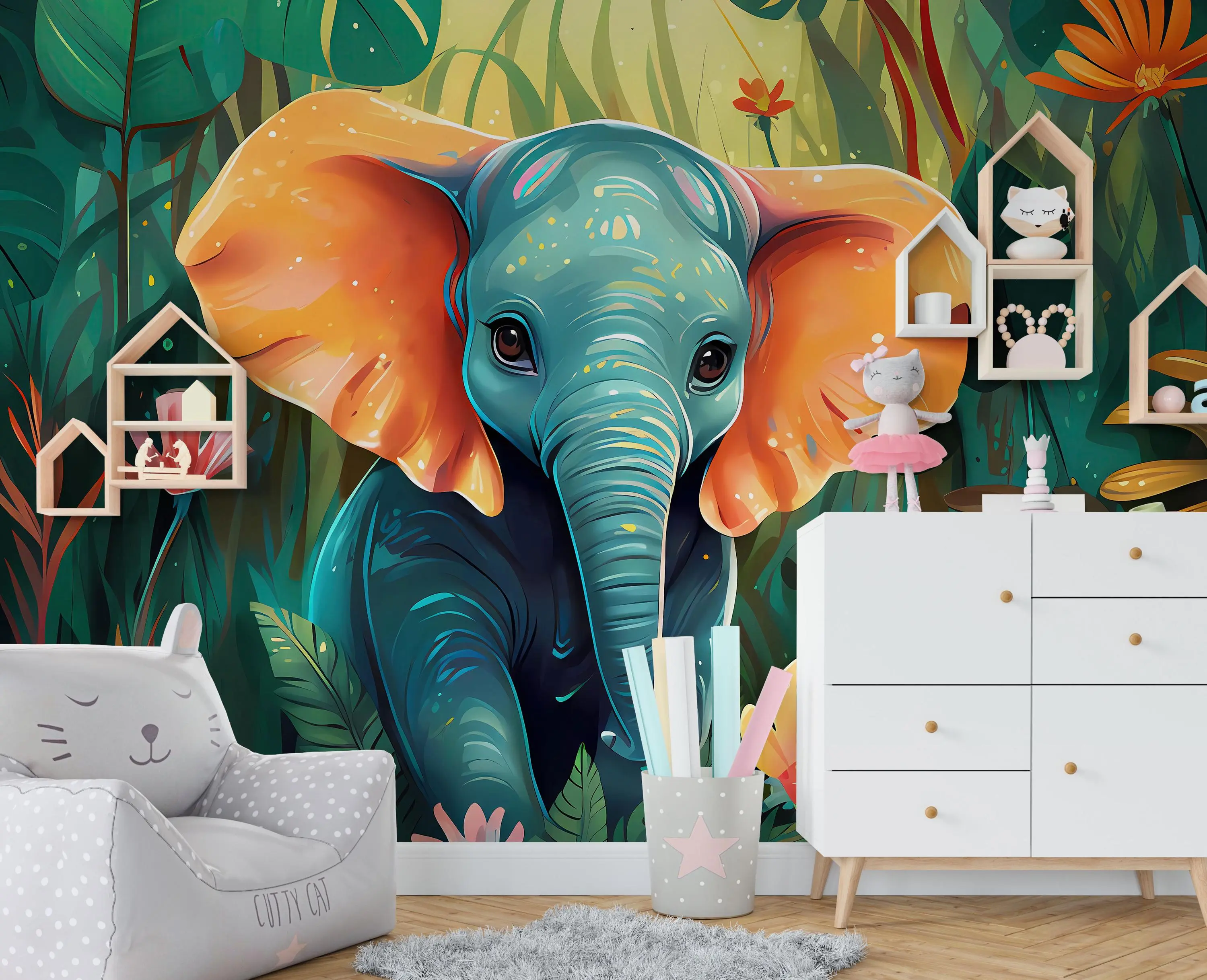 Jungle Baby Elephant Peel and Stick Wallpaper – Cute Safari Mural for Nursery, Playroom, or Jungle-Themed Baby Room Décor
