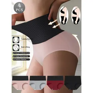 QUASTI 4 Pack High Waisted Smooth Seamless Contrast Color Briefs, Breathable Comfortable  High Elasticity Hip Lifting Sweet Panties, Confidence Anti Roll Edge Mix Colors Womenswear Panty, S-XXL