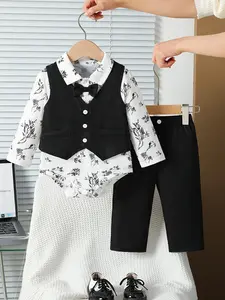 Baby boy clothing, baby boy suit set, Toddler Outfit, baby boy plant printed shirt+black vest+tie+black pants suit set, exquisite tie+three-dimensional patch bag design, Valentine's Day gift, suitable for one year old parties, family gatherings