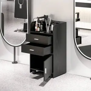 Barber Stations Storage Cabinet  2 Drawers & Large Cabinet, Salon Station  2 Hair Dryer Holders,Black/White Reversible L-Shaped Desk with