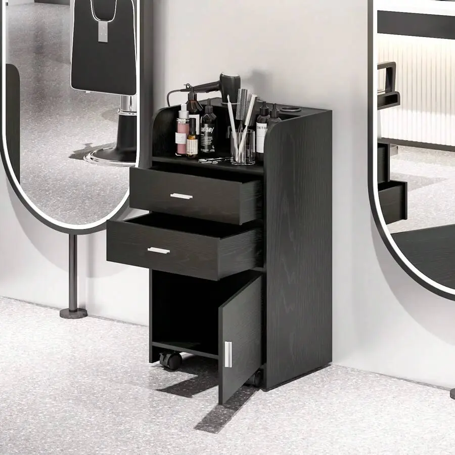 Barber Stations Storage Cabinet  2 Drawers & Large Cabinet, Salon Station  2 Hair Dryer Holders,Black/White Reversible L-Shaped Desk with