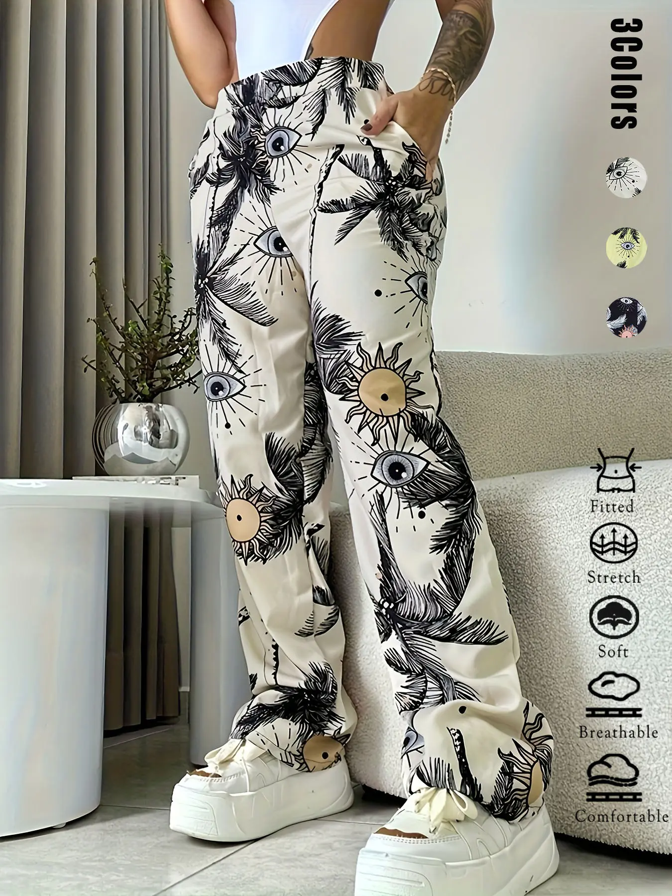 Boho Street Style Women's Floral Printed Wide Leg Woven Pants, Elastic Waistband, Fit, Stretchable, Side Pockets, Casual Halloween Print, Y2K Fashion Trend, Bottom