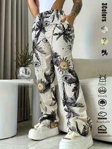Boho Street Style Women's Printed Wide Leg Pants, Elastic Waistband, Side Pockets, Casual Halloween Print, Y2K Fashion Trend