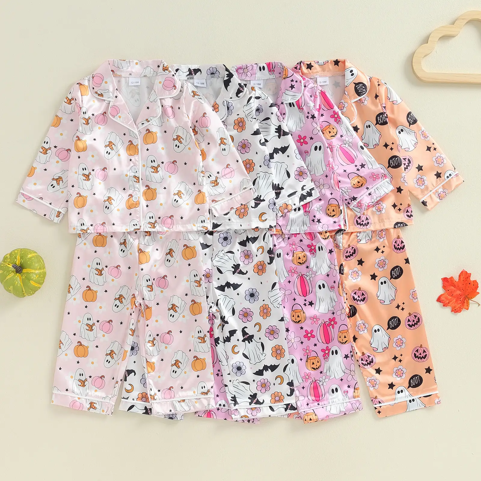 12M-5T Kids Toddler Baby Girls Halloween 2PCS Pajama Sets Long Sleeve Lapel Ghost Pumpkin Print Shirt+Pants Sleepwear Nightwear Loungewear