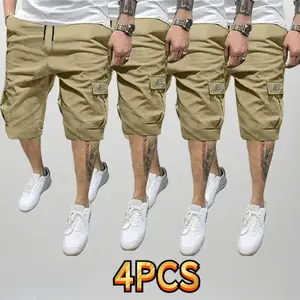Men's Summer Four-Piece Set 5-Pocket Workwear Construction Shorts Loose Fit Drawstring Straight-Leg Casual Q