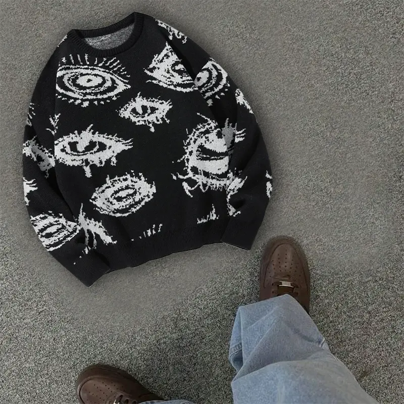 American Quirky Art Hotspot | Graffiti Jacquard Sweater Big Eyes Personality Daily Wear Casual Pullover Knitted Sweater Dopamine Color College Style Unisex Sweater Oversized Long Sleeve Knitwear Fashion