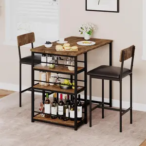Counter Height Dining Table Set for 2, Kitchen Table Sets with 3 Large Storage Shelves, Thick Wood Top, PU Cushion Padded Bar Stools, Easy-Clean Waterproof Finish for Small Space Apartments, Brown