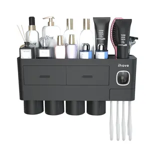 iHave Toothbrush Holders for Bathrooms, Cups Toothbrush Holder Wall Mounted with Toothpaste Dispenser - Large Capacity Tray, 2 Cosmetic Drawer - Bathroom Organizer & Bathroom Accessories Set