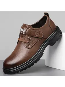 Men's Trendy Casual Leather Shoes, Velcro Design, Easy Slip-On, Comfortable Fit, Thick Sole, Perfect for Daily Wear & Office Work, Walking Shoes