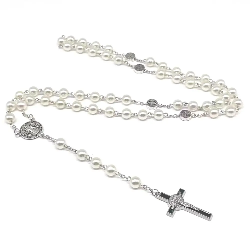 Holy Cross Religious Rosary Beads Necklace(L72 cm or 28.5 in), String of Pearls, Pearl Beaded, 8mm Decade Beads, Rosary Bracelet, Holy Cross pendant, Daily Prayer, for Men, Women and Children（Handmade，Carving and Oil dripping Craftsmanship）
