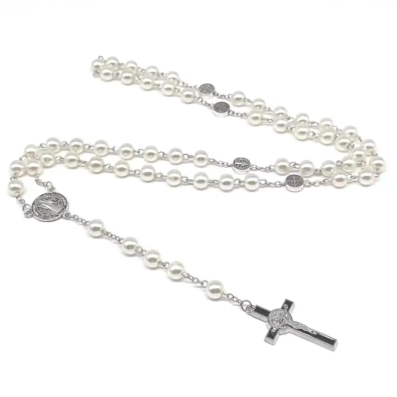 Holy Cross Rosary Beads Necklace (L72 cm/28.5 in), 8mm Decade Beads, Rosary Bracelet (L19 cm/7.5 in), Holy Cross Pendant, Daily Prayer, Jewelry Pouch, for Men, Women & Children, Handmade, Carving, Oil Dripping Craftsmanship, Beaded Cross Necklace