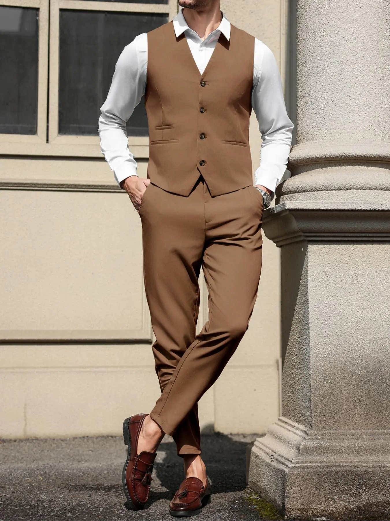 Men's Solid Color Suspender Pants Suit Set, Slim Fit Business Formal Suit Set for Wedding Party, Men's Clothing for Summer, Menswear