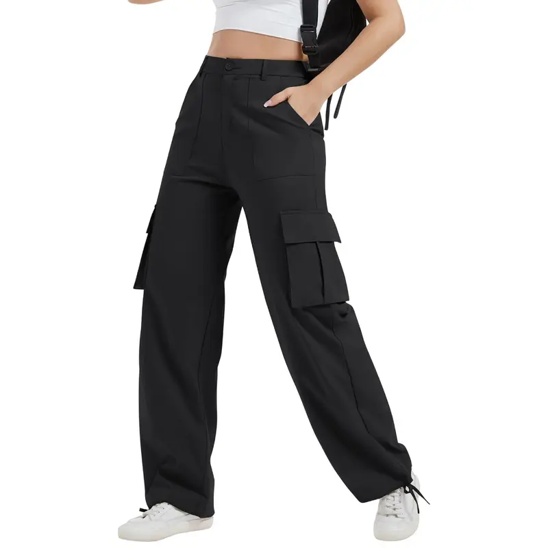 Avamo Women's Retro Chic Knitting Cargo Pants - High-Waisted Baggy, 6 Pockets, Adjustable Cuffs, Button Closure, High-Capacity, for Work, Outdoorfun, Party, New Year (Black, Army Green)