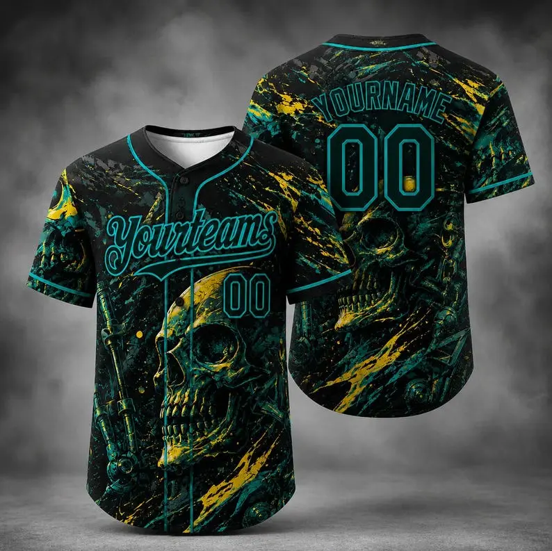 Skull Halloween Baseball Jersey, Custom Gothic Team Uniform, Personalized Name Number Horror Sports Shirt, Dark Skull Gift