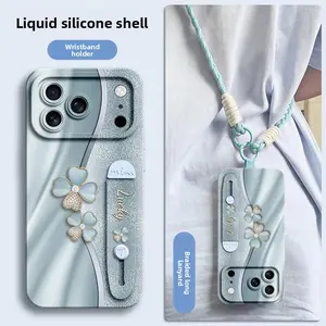Viral Lucky Clover Aesthetic iPhone 14-17 Series Case | Liquid Silicone with Wristband Stand & Braided Lanyard | Full Shockproof Drop Protection