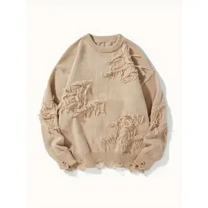 menswear Men'S Beige Asymmetrical Sweater - Loose Fit Pullover with Fringe Details, Medium Stretch Knit Sweater for Fall/Winter, Everyday Casual Formal Outfits - Sweater for Men, Knit Sweater, Fall Winter Apparel, Round Neckline T