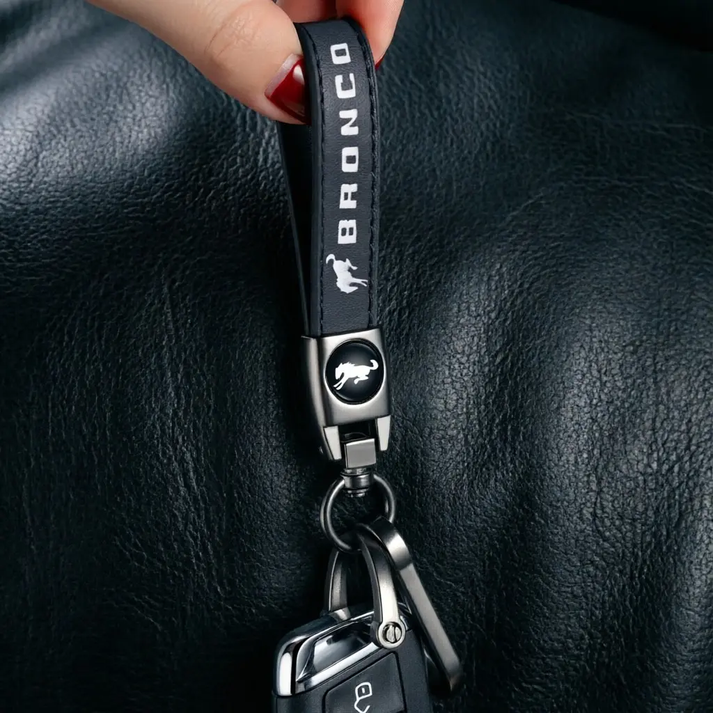 Unisex Adults Genuine Leather Ford Bronco Car Keychain Set - Non-Scratch Durable Key Ring, Fob Holder, Zinc Alloy Rotatable Buckle, Rugged Outdoor Accessory, Key Shell Protector, Elegant Birthday Gift