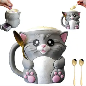 Cute Cat Ice Cream Cup Set with Freezer Handle and Spoon Slot, Leak-Proof Insulated Cooler with Secret Snack Drawer, Ideal Gift Mug