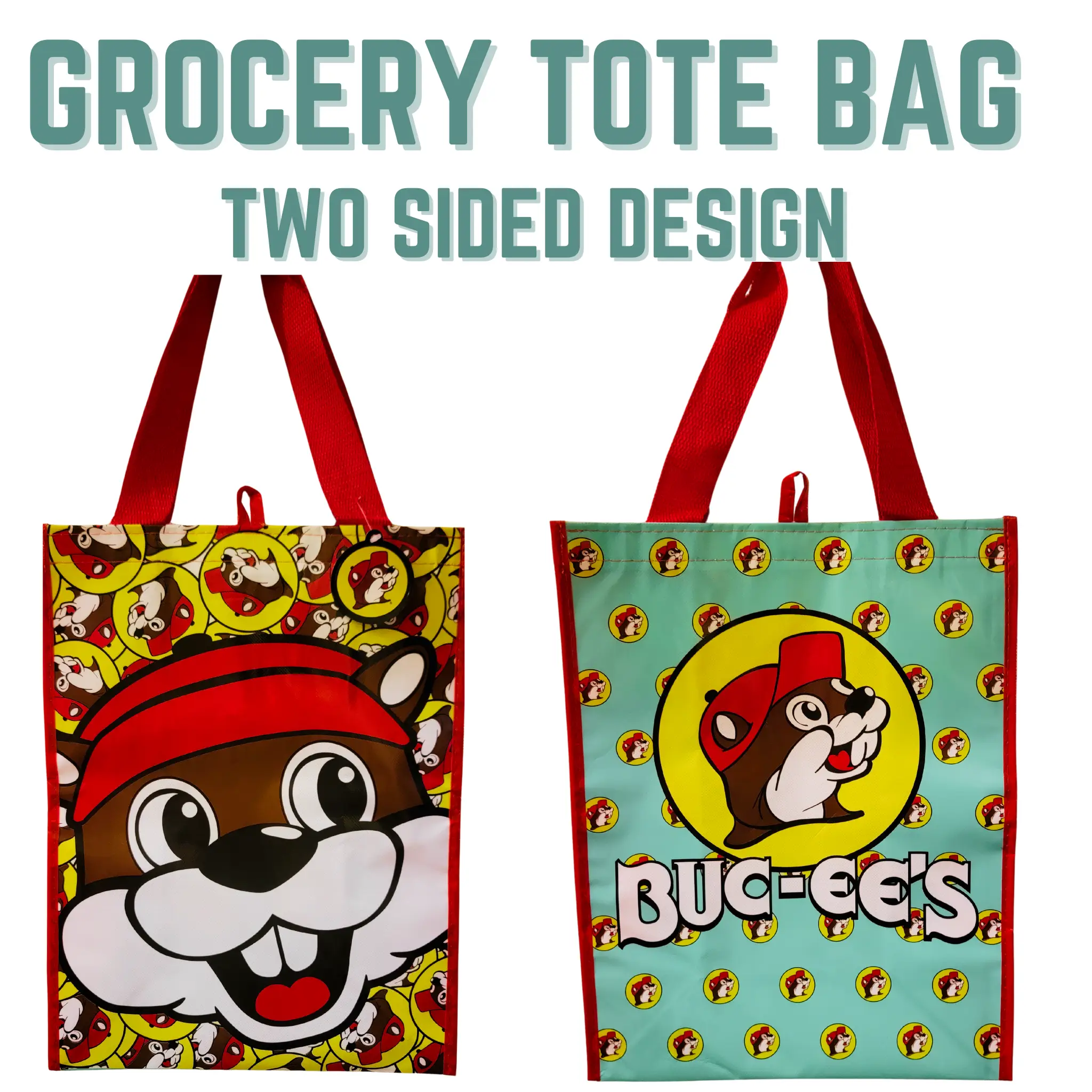 Buc-ee's Turquoise Two Sided Design Reusable Grocery Tote Bag