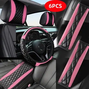Luxury PU Leather All-in-One Car Interior Set 6pcs - Fit Steering Wheel Cover, Seat Protectors, Seat Belt Covers & Center Console Covers, Ergonomic Design, Universal Car Accessories Set for SUV, Sedan, Truck