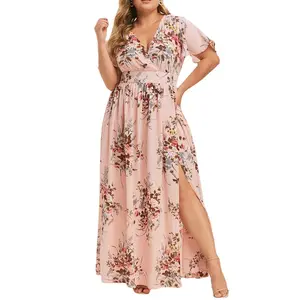 2025 women's long dresses summer plus size women's print bohemian style flowing hem floral slit beach wedding guest long dress